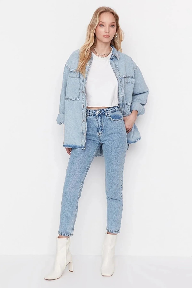 Buz Mavi Likralı Yüksek Bel Mom Jeans