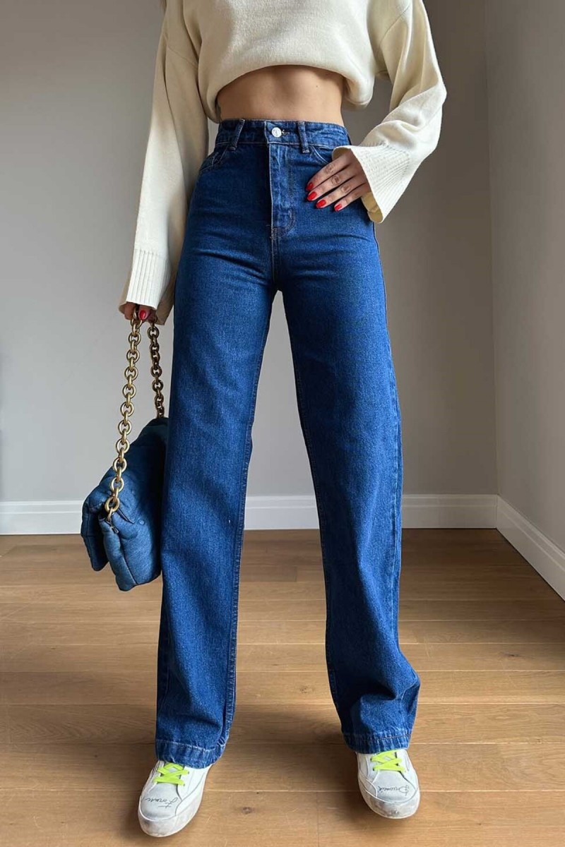 Koyu Mavi Kadın Salaş Likralı 90's Süper Yüksek Salaş Paça Kot Palazzo Pantolon