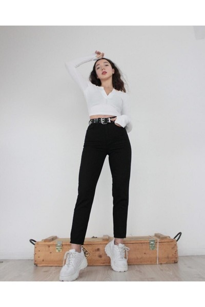 Yüksek Bel Siyah Mom Kot Pantolon Likralı Solmaz Ekstra Rahat Mom Jeans