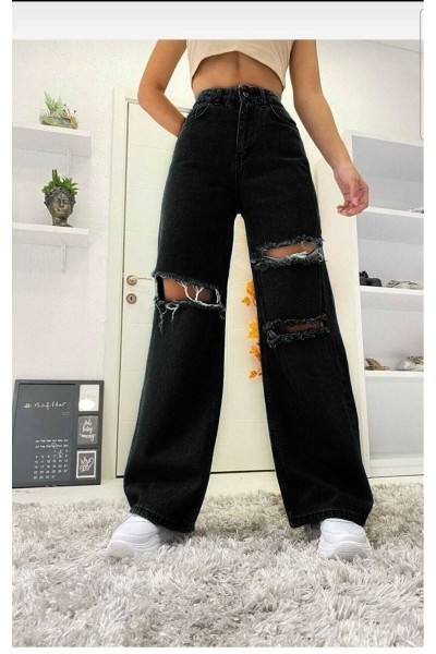 Siyah Yırtık Yüksek Bel Salaş Kadın Boru Paça Denim Palazzo Pantolon