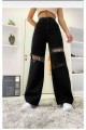 Siyah Yırtık Yüksek Bel Salaş Kadın Boru Paça Denim Palazzo Pantolon
