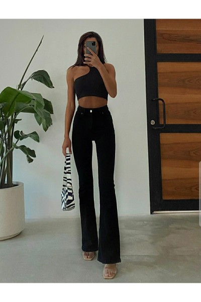 ( Extra Rahat) Siyah Ispanyol Paça Kot Pantolon Yüksek Bel Ispanyol Jeans Toparlayıcı