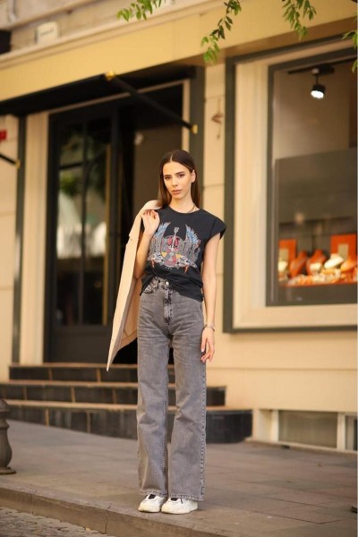 Paris Kadın Füme Kar Yıkama Extra Yüksek Bel Salaş Paça Denim Kot Pantolon