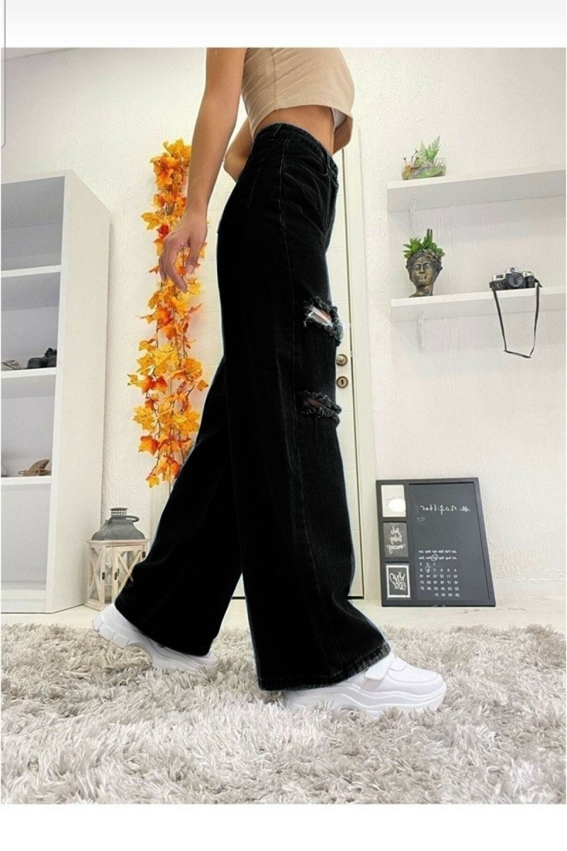 Siyah Yırtık Yüksek Bel Salaş Kadın Boru Paça Denim Palazzo Pantolon
