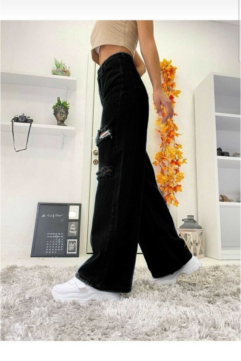 Siyah Yırtık Yüksek Bel Salaş Kadın Boru Paça Denim Palazzo Pantolon