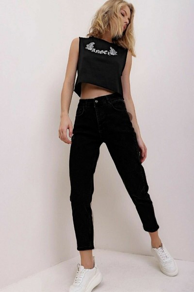 Siyah Mom Yüksek Bel Kot Pantolon Likralı Solmaz Ekstra Rahat Mom Jeans