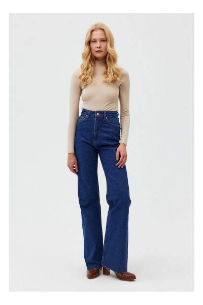 Paris Kadın Koyu Mavi Extra Yüksek Bel Salaş Paça Denim Kot Pantolon