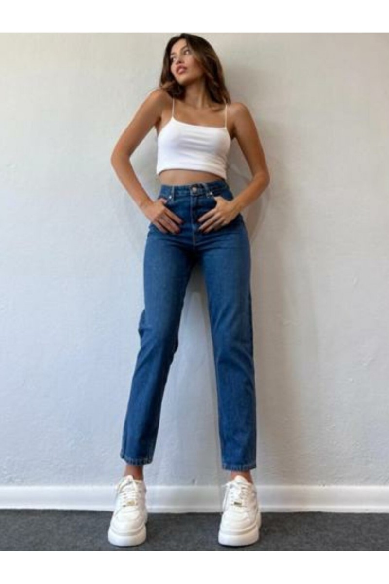Mom Jeans Koyu Mavi Mom Yüksek Bel Kot Pantolon Likralı Solmaz Ekstra Rahat