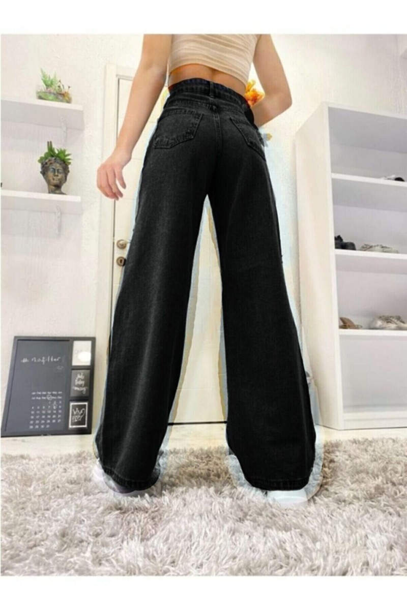 Siyah Yırtık Yüksek Bel Salaş Kadın Boru Paça Denim Palazzo Pantolon