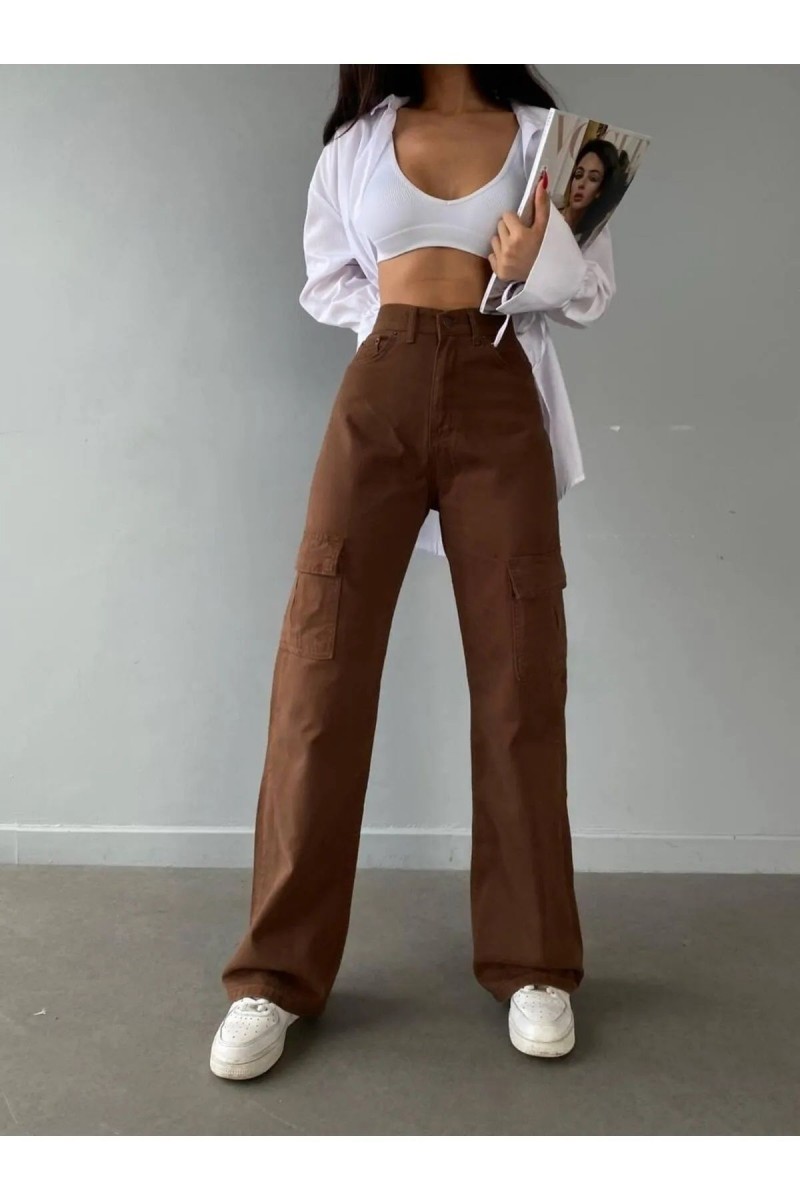 Elsa Kahverengi Kargo Cep Arka Cepsiz Yüksek Bel Salaş Paça Denim Kot Palazzo Pantolon Elsa Kahverengi Kargo Cep Arka Cepsiz Yüksek Bel Salaş Paça Denim Kot Palazzo Pantolon