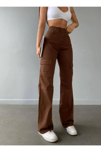 Elsa Kahverengi Kargo Cep Arka Cepsiz Yüksek Bel Salaş Paça Denim Kot Palazzo Pantolon
