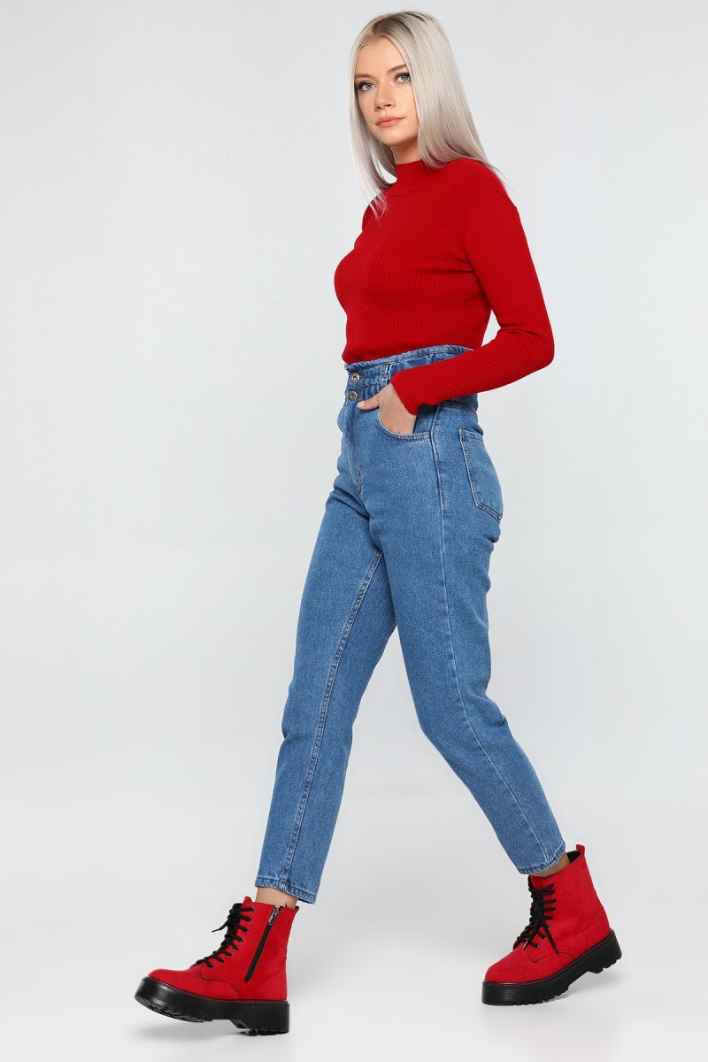 Ess Gold Solmayan Orta Kar Mavi Yüksek Bel Mom Jean Kadın Pantolon