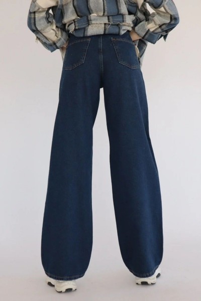 Forever Kadın koyu Mavi Extra Yüksek Bel Salaş Paça Denim Kot Pantolon