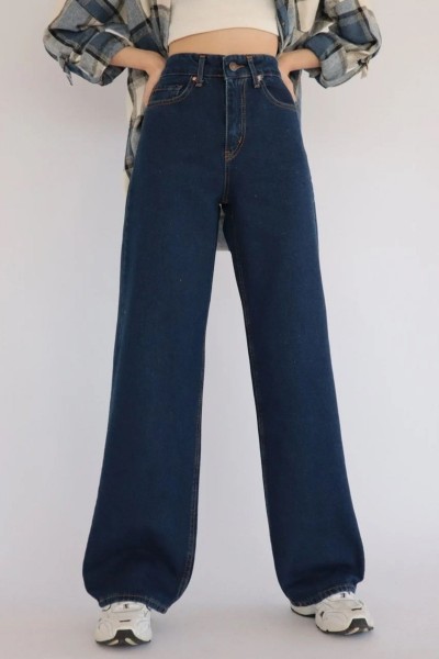 Forever Kadın koyu Mavi Extra Yüksek Bel Salaş Paça Denim Kot Pantolon