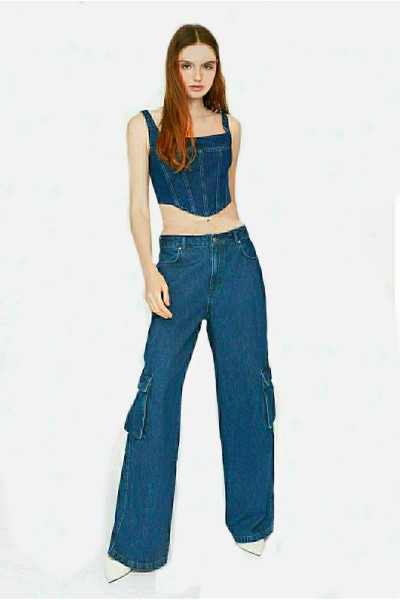 Jenny Kadın Koyu Mavi Süper Yüksek Bel Solmaz Likralı Arka Cepsiz Model Kargo Jeans