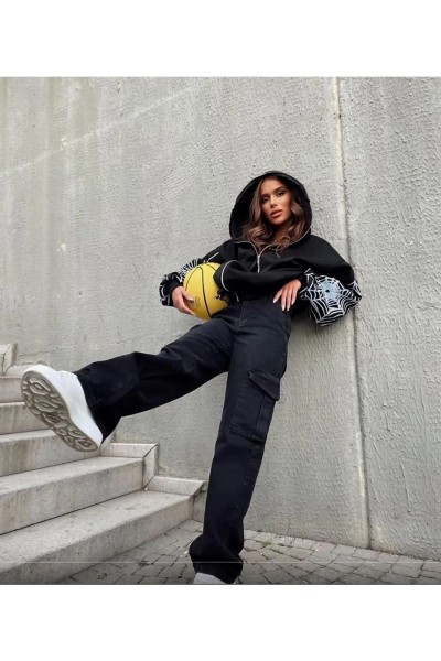 Jessia Solmaz Likralı Kadın Siyah Süper Yüksek Bel Arka Cepsiz Model Kargo Jeans