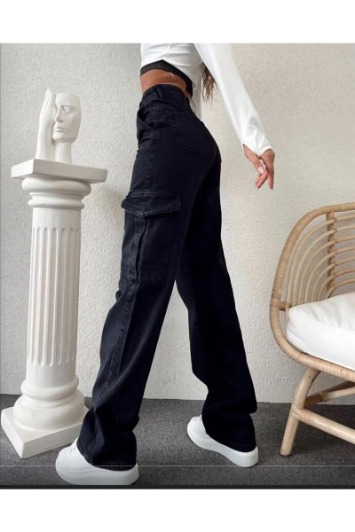 Jessia Solmaz Likralı Kadın Siyah Süper Yüksek Bel Arka Cepsiz Model Kargo Jeans