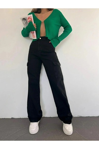 Diya Kadın Solmaz Likralı Siyah Süper Yüksek Bel Arka Cepsiz Model Kargo Jeans