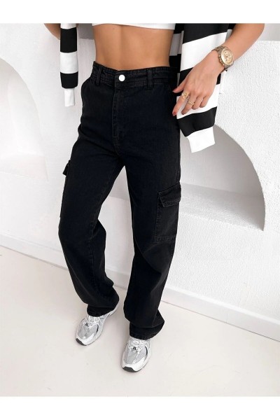 Alba Kadın Solmaz Likralı Siyah Süper Yüksek Bel Arka Cepsiz Model Kargo Jeans