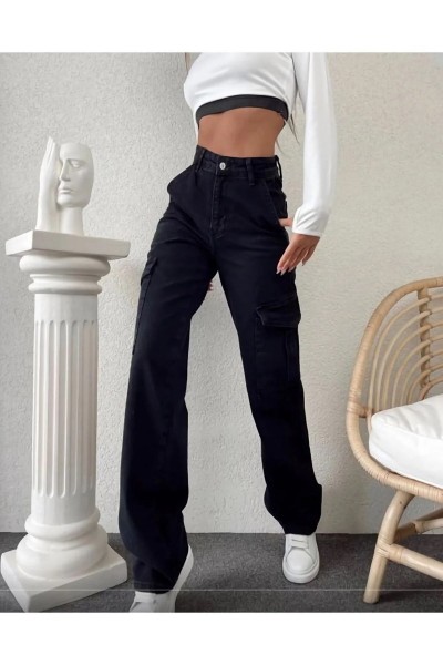 Casimiro Solmaz Likralı Kadın Siyah Süper Yüksek Bel Arka Cepsiz Model Kargo Jeans