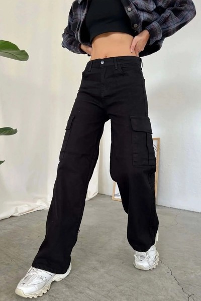 Lucia Kadın Solmaz Likralı Siyah Süper Yüksek Bel Arka Cepsiz Model Kargo Jeans