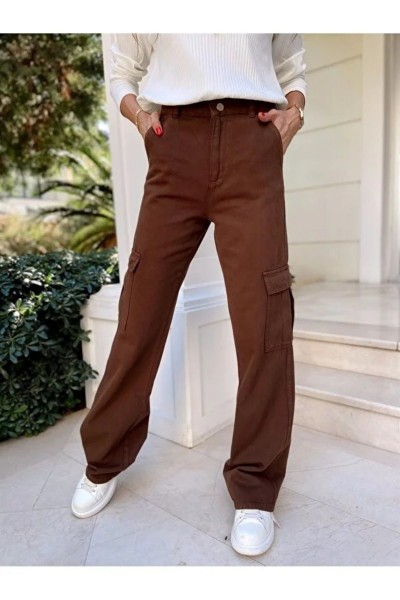Mais Kahverengi Süper Yüksek Bel Kadın Likralı Arka Cepsiz Model Kargo Jeans