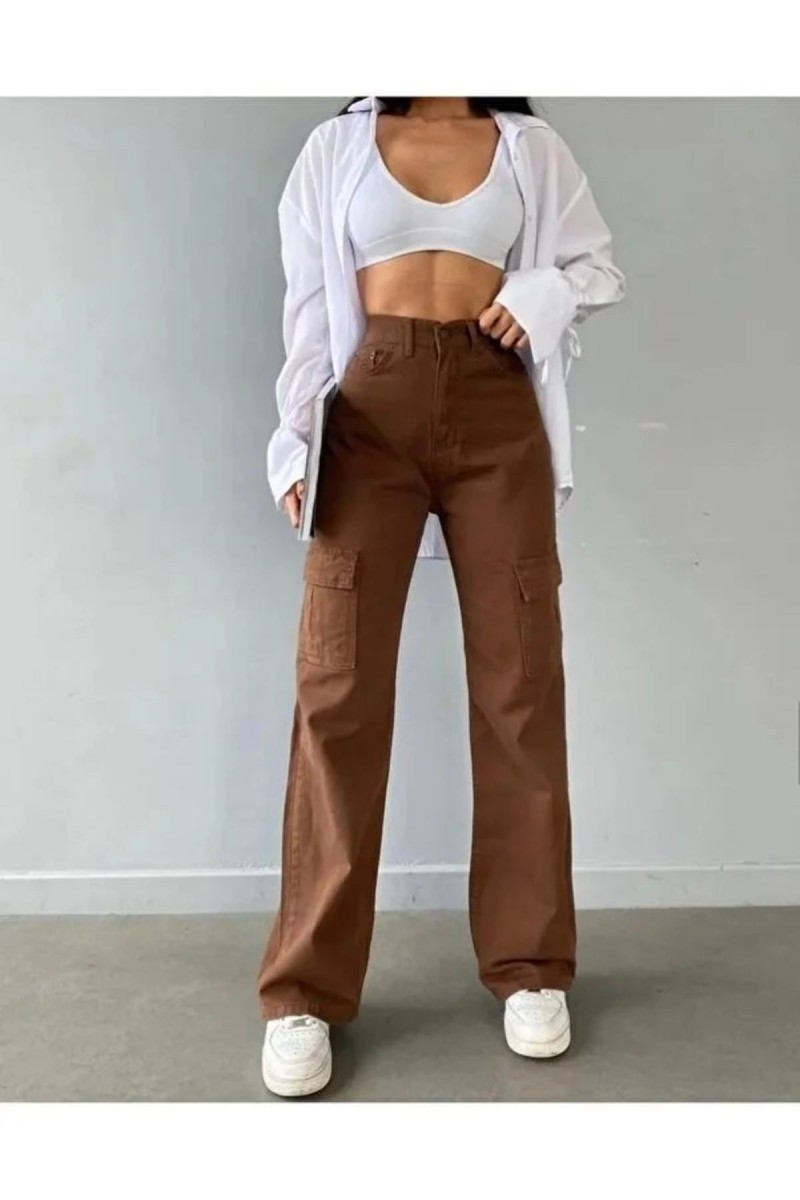 Agathe Kadın Likralı Kahverengi Süper Yüksek Bel Arka Cepsiz Model Kargo Jeans Agathe Kadın Likralı Kahverengi Süper Yüksek Bel Arka Cepsiz Model Kargo Jeans