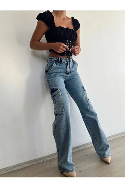 Luis Kadın Likralı Orta Kar Yıkama Süper Yüksek Bel Arka Cepsiz Model Kargo Jeans