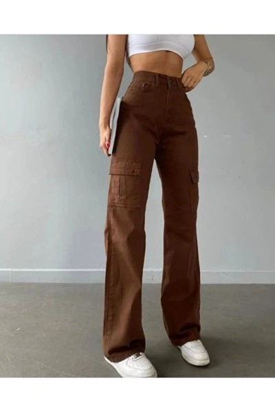 Agathe Kadın Likralı Kahverengi Süper Yüksek Bel Arka Cepsiz Model Kargo Jeans