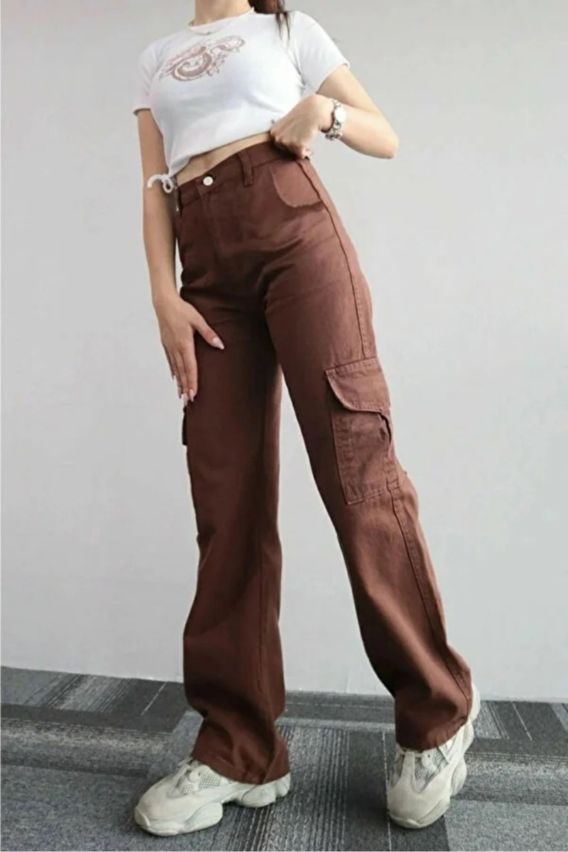 Maura Kahverengi Süper Yüksek Bel Kadın Likralı Arka Cepsiz Model Kargo Jeans Maura Kahverengi Süper Yüksek Bel Kadın Likralı Arka Cepsiz Model Kargo Jeans