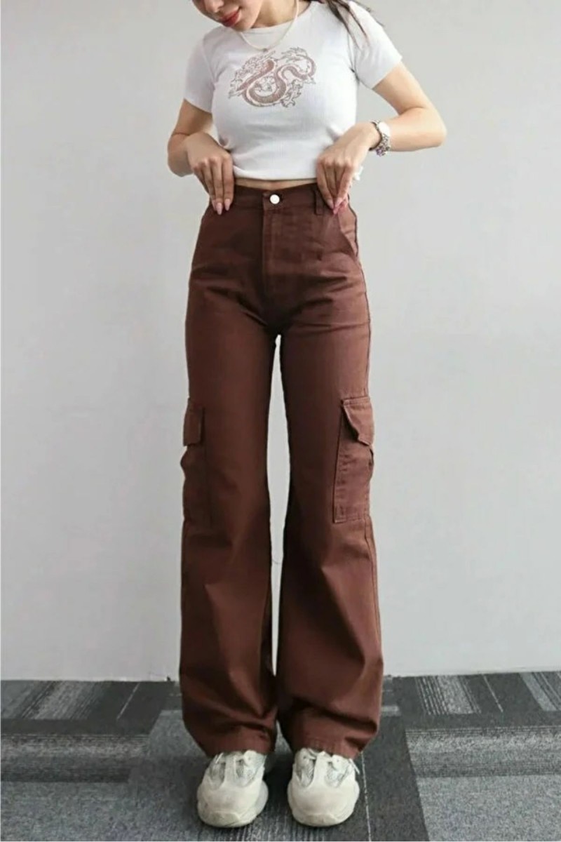 Maura Kahverengi Süper Yüksek Bel Kadın Likralı Arka Cepsiz Model Kargo Jeans Maura Kahverengi Süper Yüksek Bel Kadın Likralı Arka Cepsiz Model Kargo Jeans
