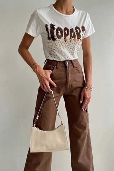 Sophie Kadın Likralı Kahverengi Süper Yüksek Bel Arka Cepsiz Model Kargo Jeans