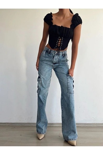 Luis Kadın Likralı Orta Kar Yıkama Süper Yüksek Bel Arka Cepsiz Model Kargo Jeans