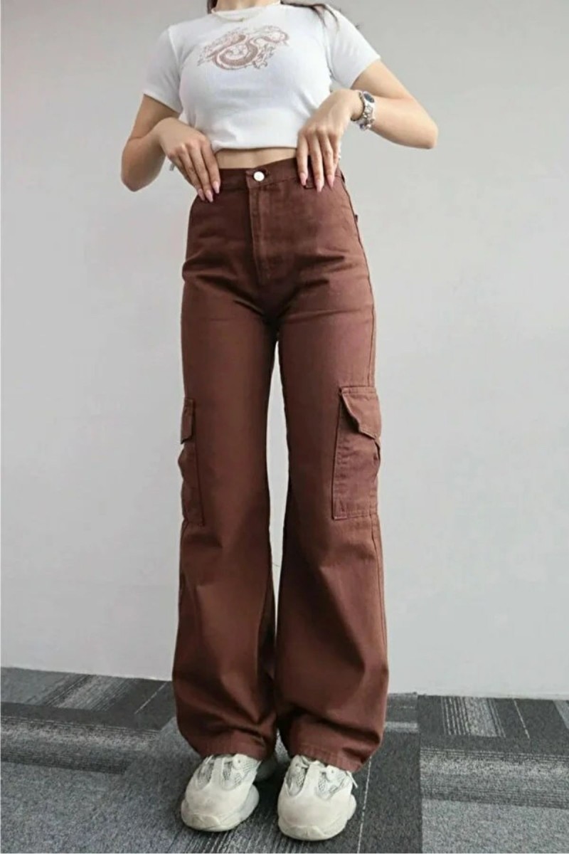 Maura Kahverengi Süper Yüksek Bel Kadın Likralı Arka Cepsiz Model Kargo Jeans Maura Kahverengi Süper Yüksek Bel Kadın Likralı Arka Cepsiz Model Kargo Jeans