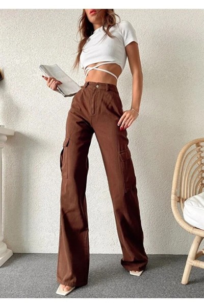 Brigette Kahverengi Süper Yüksek Bel Kadın Likralı Arka Cepsiz Model Kargo Jeans