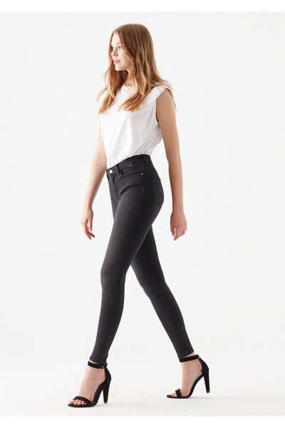 Siyah Kadın Bilek Boy Likralı Dar Paça Skinny Yüksel Bel Kot Pantalon