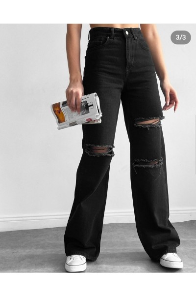 Kadın Siyah Yırtık Extra Yüksek Bel Salaş Paça Denim Kot Pantolon