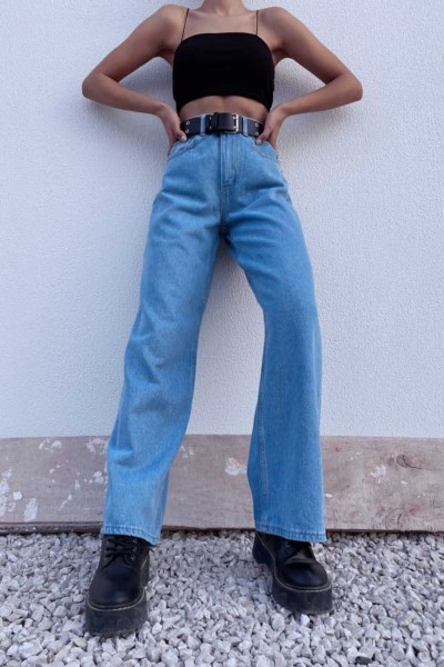 Kadın Tatlı Mavi Extra Yüksek Bel Salaş Paça Denim Kot Pantolon