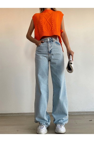 Helen Kadın Açık Mavi Kar Yıkama Extra Yüksek Bel Salaş Paça Denim Kot Pantolon