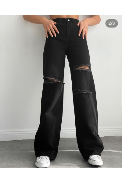 Kadın Siyah Yırtık Extra Yüksek Bel Salaş Paça Denim Kot Pantolon