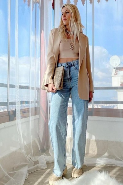 Berry Kadın Buz Kar Yıkama Extra Yüksek Bel Salaş Paça Denim Kot Pantolon
