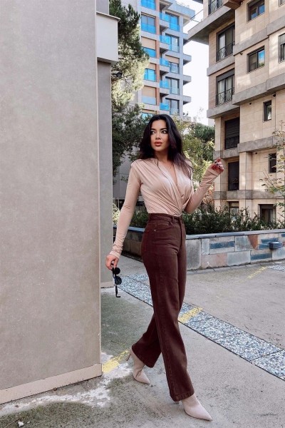 Kadın Kahverengi Extra Yüksek Bel Salaş Paça Denim Kot Pantolon