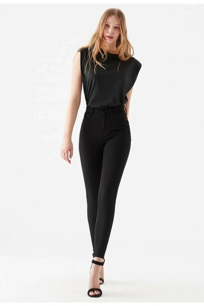 Likralı Dar Paça Skinny Siyah Kadın Bilek Boy Yüksel Bel Kot Pantalon