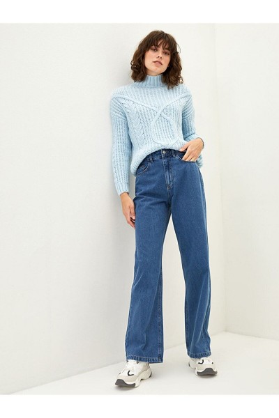 Kadın Orta Mavi Extra Yüksek Bel Salaş Paça Denim Kot Pantolon