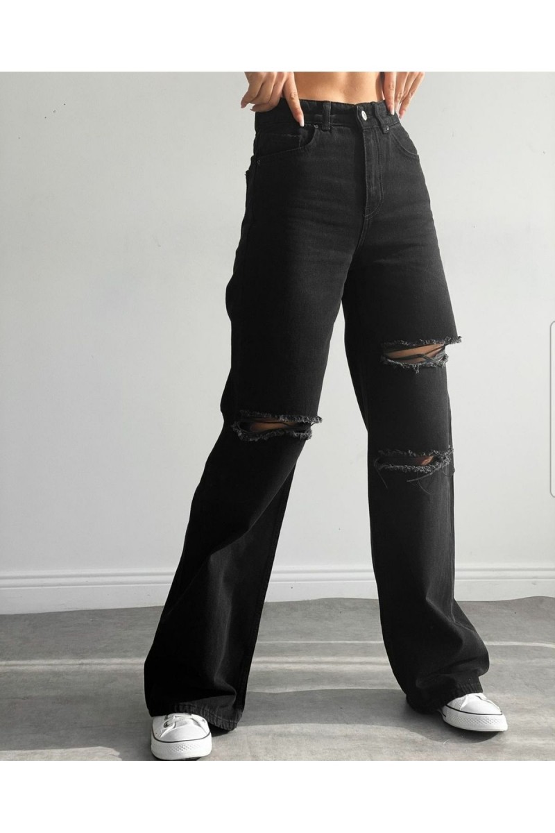 Kadın Siyah Yırtık Extra Yüksek Bel Salaş Paça Denim Kot Pantolon Kadın Siyah Yırtık Extra Yüksek Bel Salaş Paça Denim Kot Pantolon