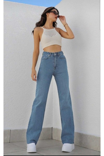 Extra Yüksek Bel Salaş Paça Kadın Tatlı Mavi Denim Kot Jean