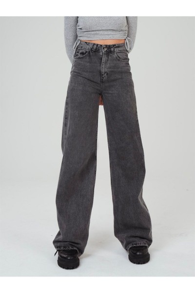 Extra Yüksek Bel Salaş Paça Kadın Füme Kar Yıkama Denim Kot Pantolon
