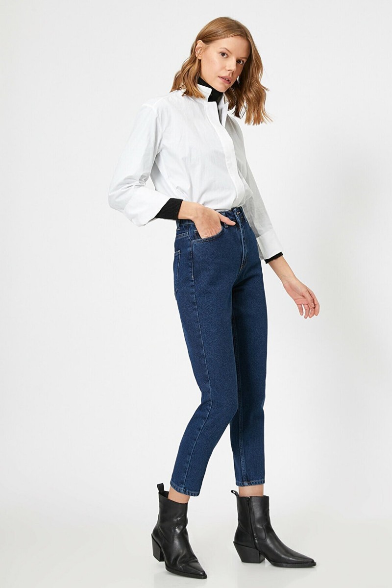 Mom Jeans Koyu Mavi Mom Yüksek Bel Kot Pantolon Likralı Solmaz Ekstra Rahat