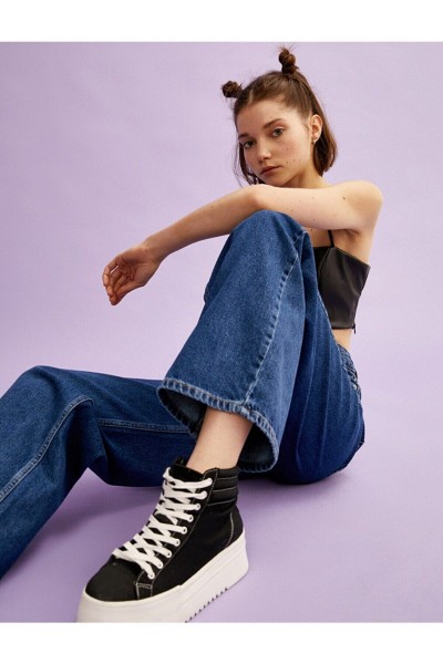 Extra Yüksek Bel Salaş Paça Kadın Koyu Mavi Denim Kot Pantolon