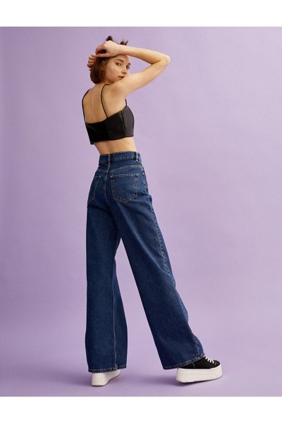 Extra Yüksek Bel Salaş Paça Kadın Koyu Mavi Denim Kot Pantolon